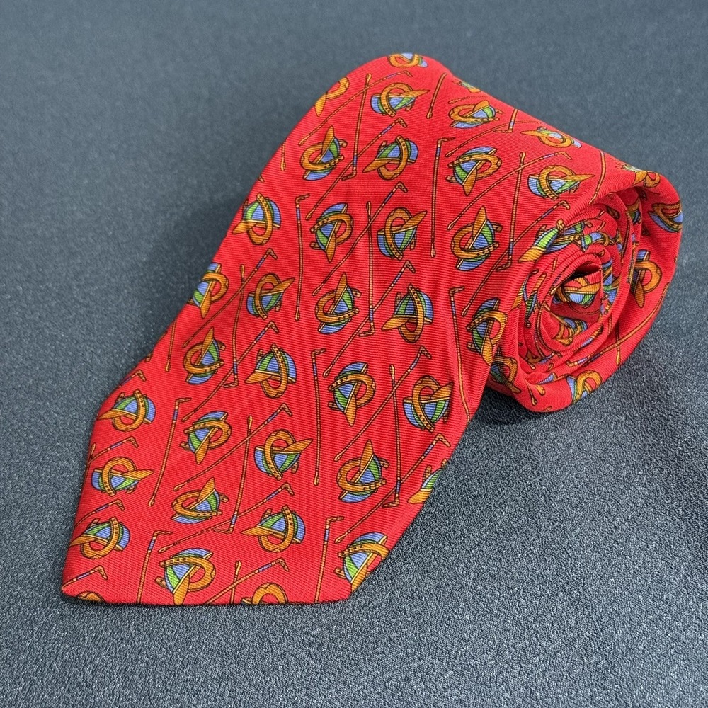 Brooks Brothers Makers Silk Tie Red Golf Clubs Bag Horseshoe Novelty Made USA